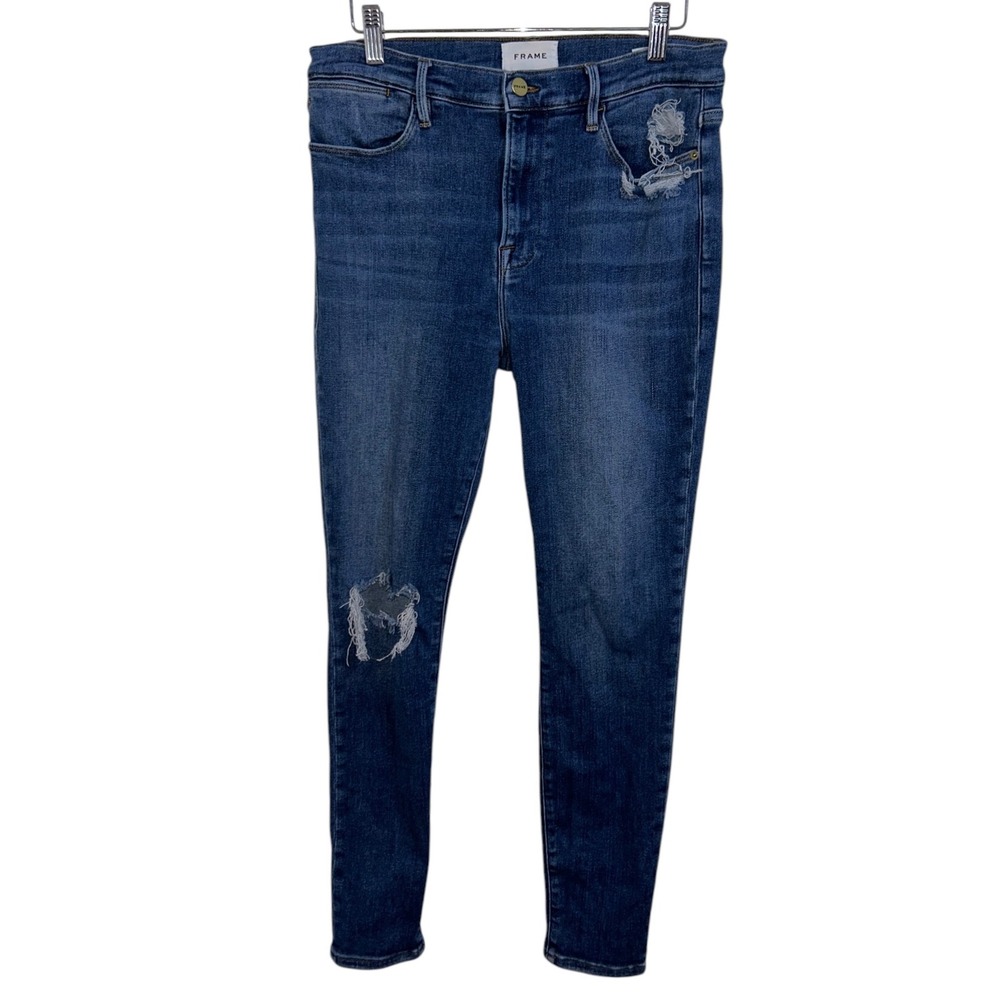 FRAME Le High Skinny Jeans Blue Distressed Saxon Denim High Rise Size 30